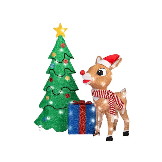 35" Rudolph Scene with Tree & Presents 3D Holiday Lighted Tinsel Sculpture Christmas Décor